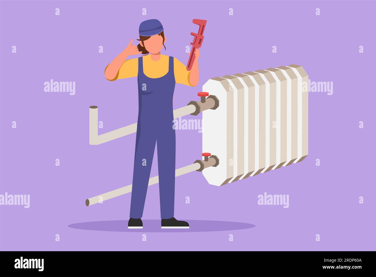 Cartoon flat style drawing of female plumber standing with call me gesture and holding carpentry tool ready to work fixing broken plumbing at home. Su Stock Photo
