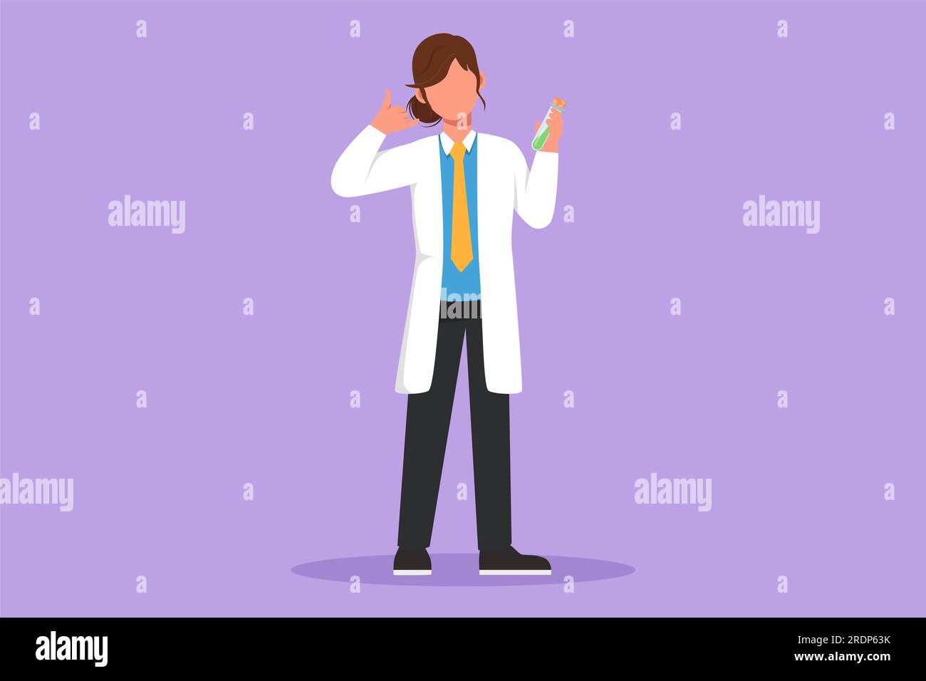 Cartoon flat style drawing female scientist standing with call me gesture and holding measuring tube filled with chemical liquid. Research about vacci Stock Photo