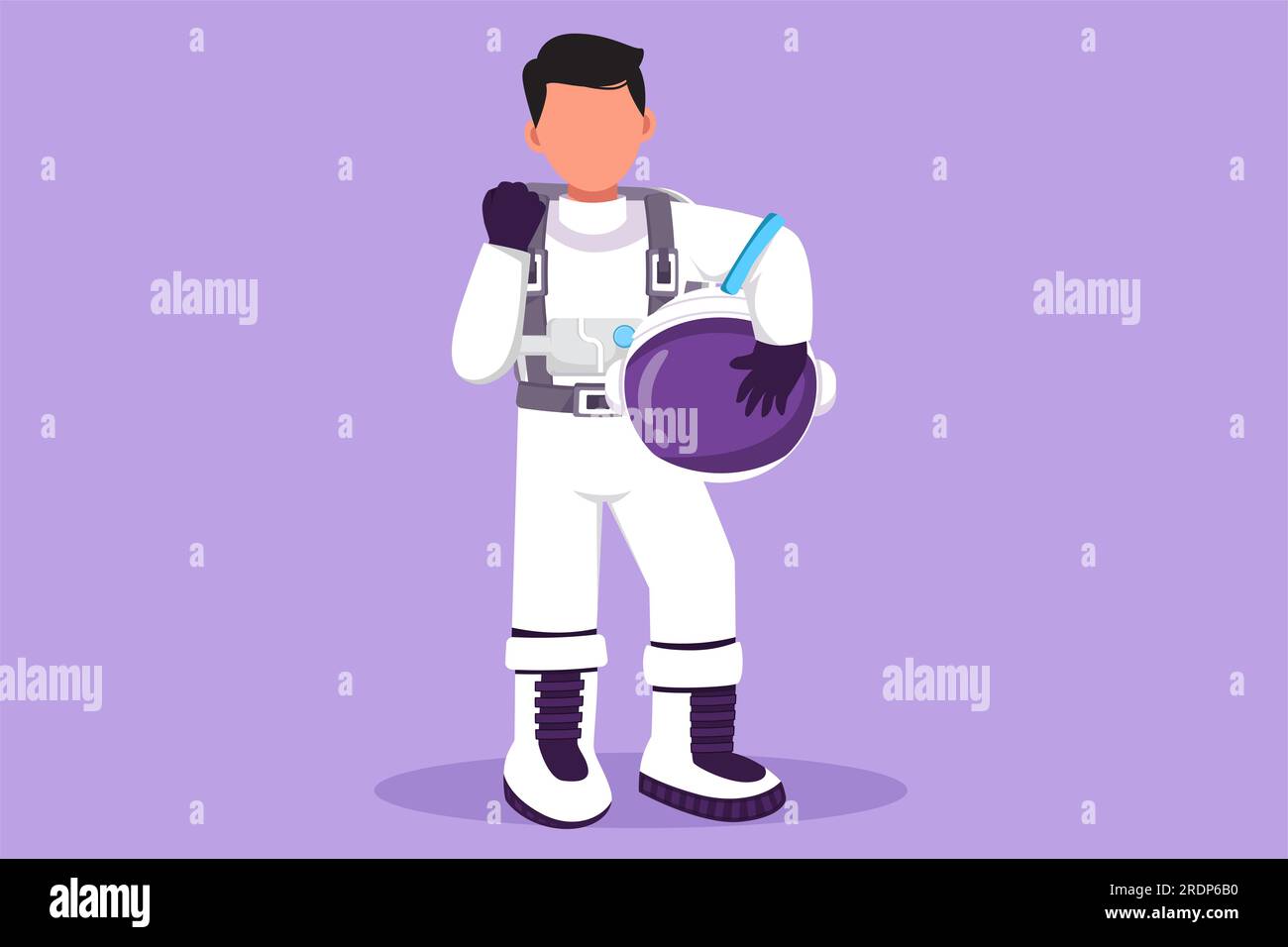 Cartoon flat style drawing astronaut standing with celebrate gesture wear spacesuit exploring earth, moon, other planet in universe. Spaceman start sp Stock Photo