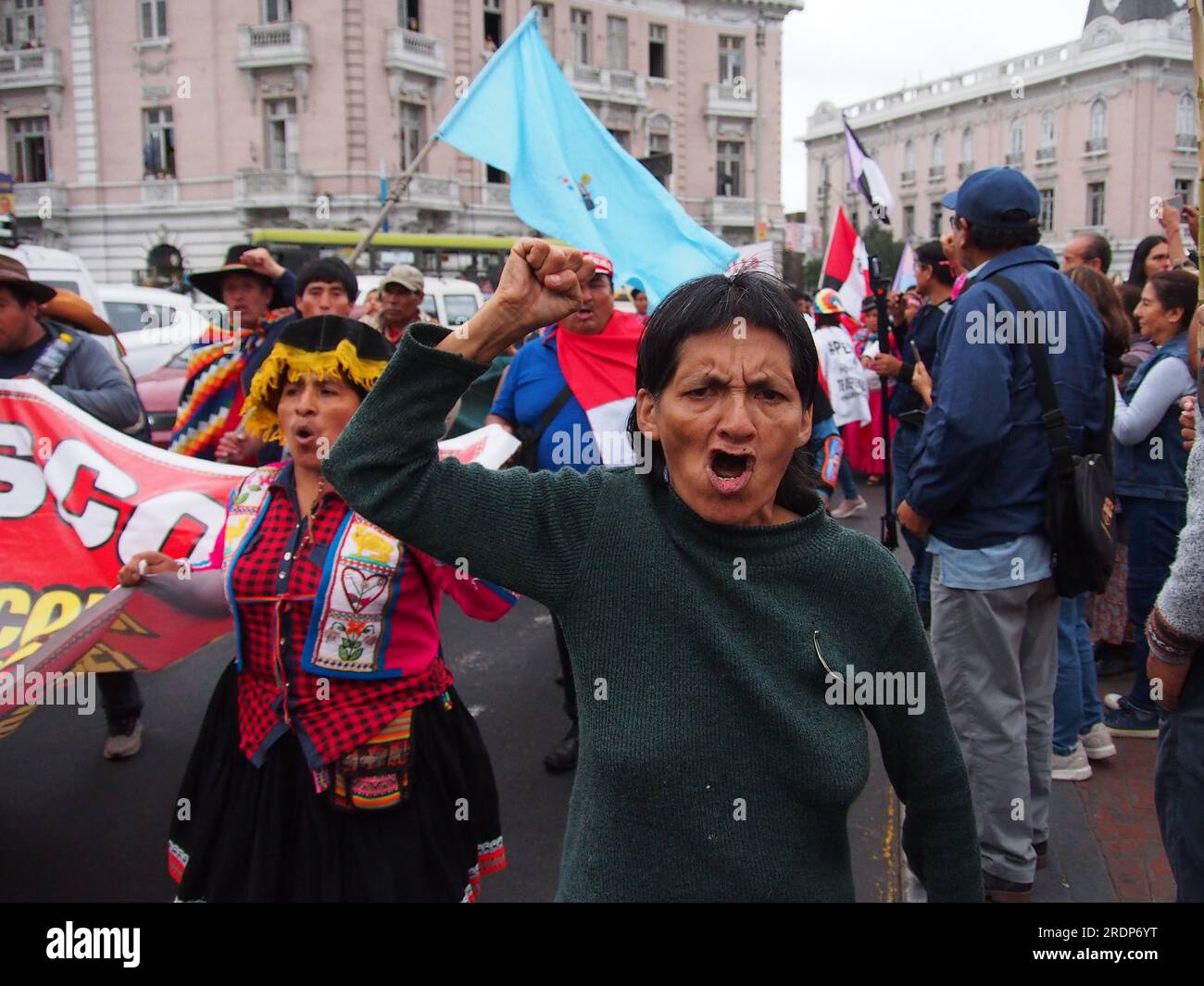 Lima, Peru. 22nd July, 2023. On the fourth day in a row, indigenous protest against Dina Boluarte and the congress continues and hundreds took to the streets one more time as part of the so called Third Takeover of Lima, in a new wave of protests asking for her resignation and new general elections. Credit: Fotoholica Press Agency/Alamy Live News Stock Photo