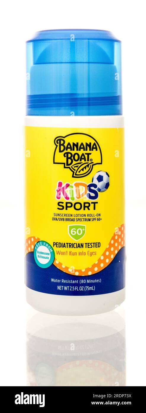Winneconne, WI - 23 July 2023:  A package of Banana Boat kis sport sunscreen on an isolated background Stock Photo
