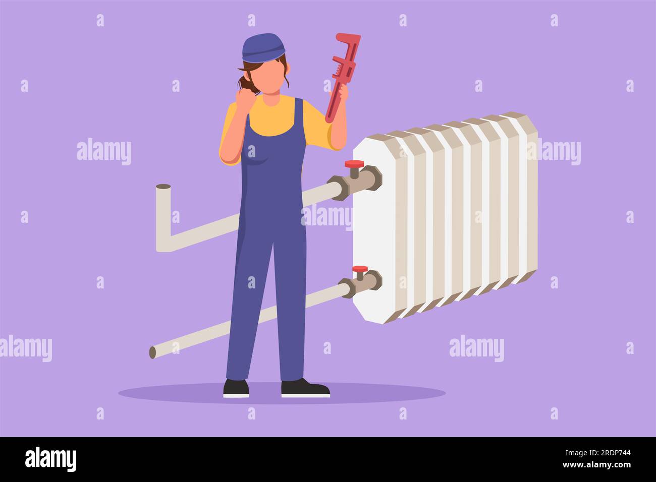 Character flat drawing cute female plumber standing with celebrate gesture and holding carpentry tool ready to work fixing broken plumbing at home. Su Stock Photo