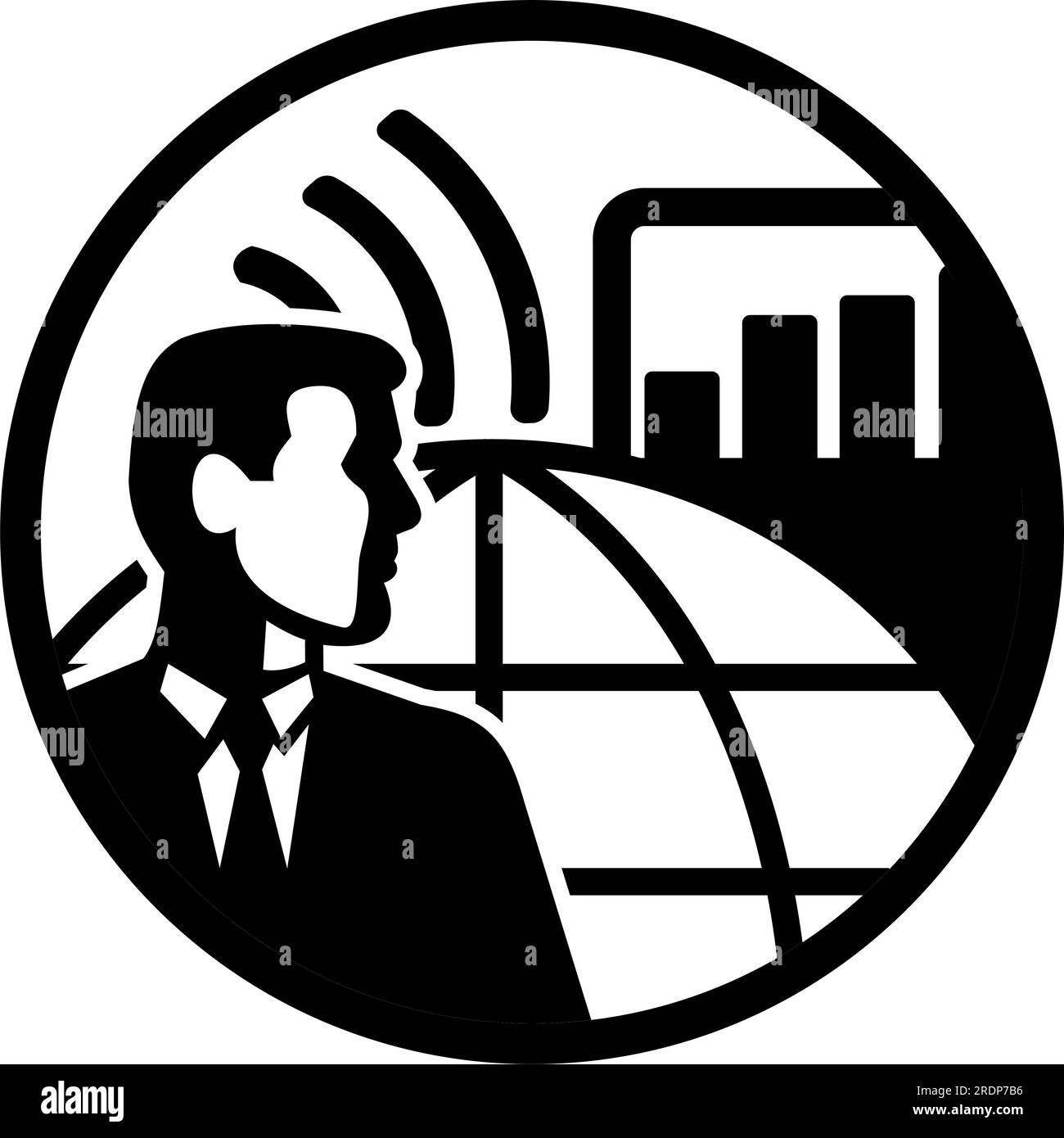 Retro style illustration of a businessman industrial engineer with internet connectivity, globe, sales graph, industrial buildings set inside circle o Stock Photo
