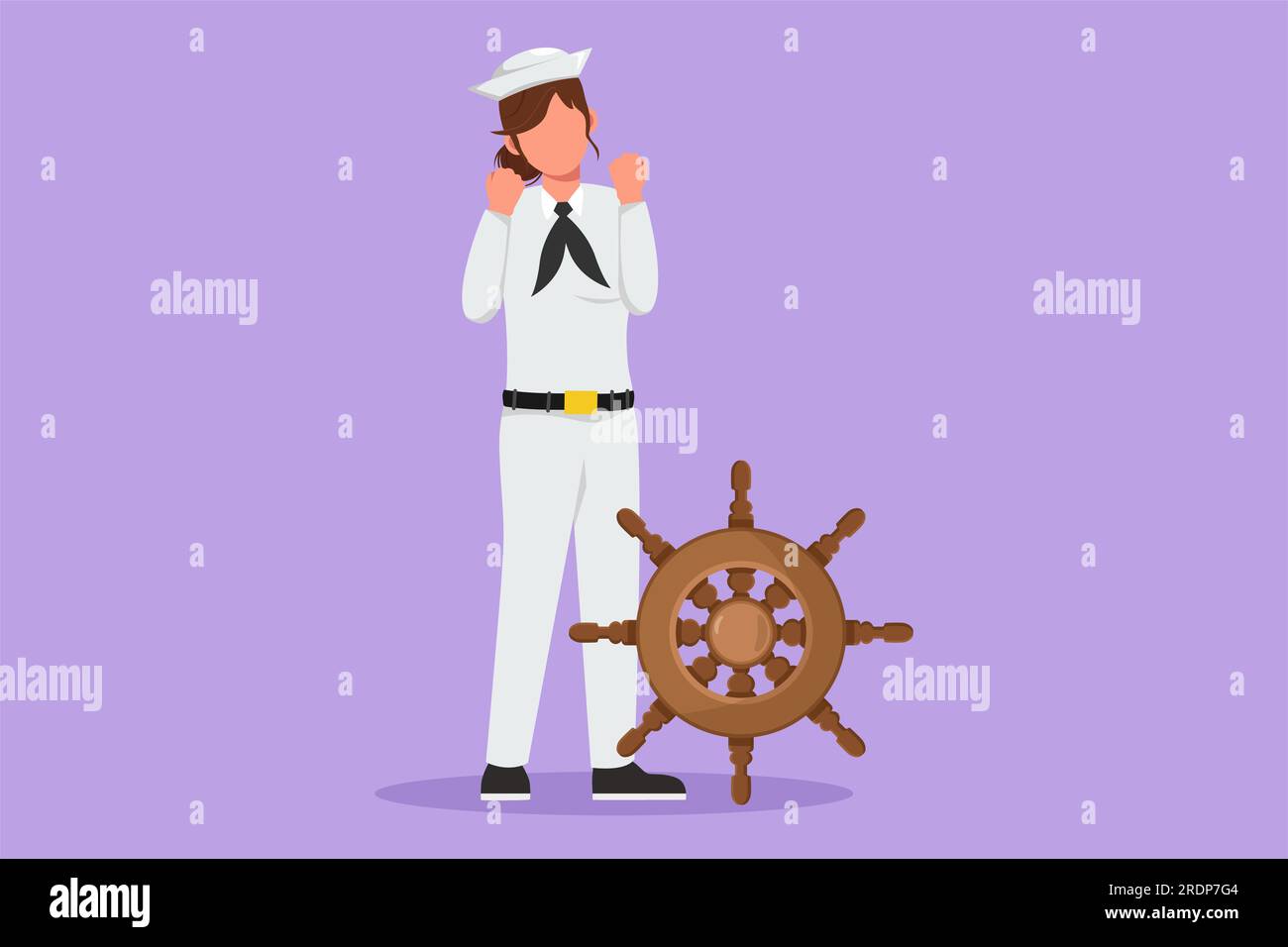 Character flat drawing of sailor woman standing with celebrate gesture to be part of cruise ship, carrying passengers traveling across seas. Sailor on Stock Photo