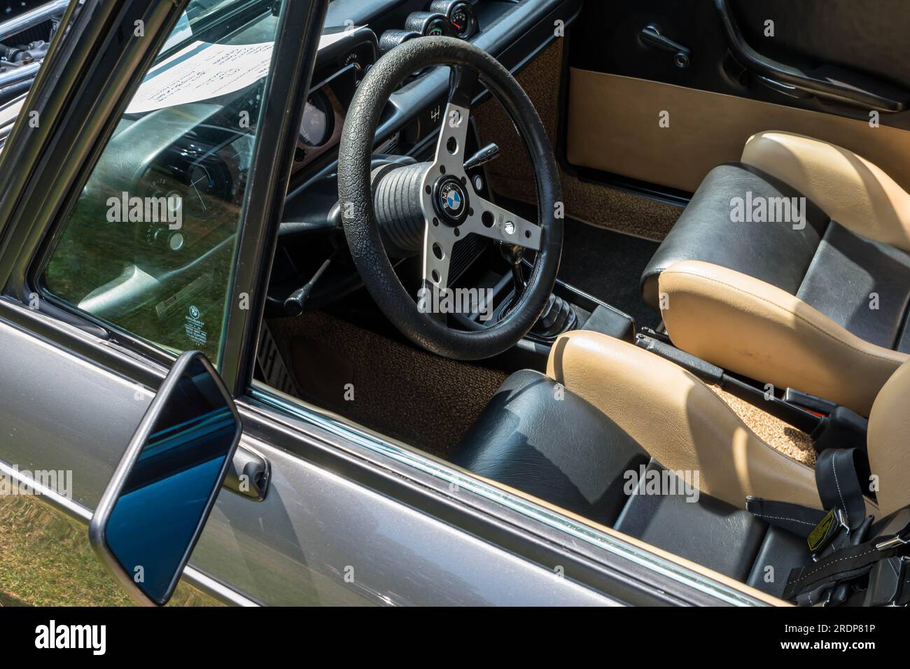 A 1976 BMW 2002 interior on display at a car show in Pittsburgh ...