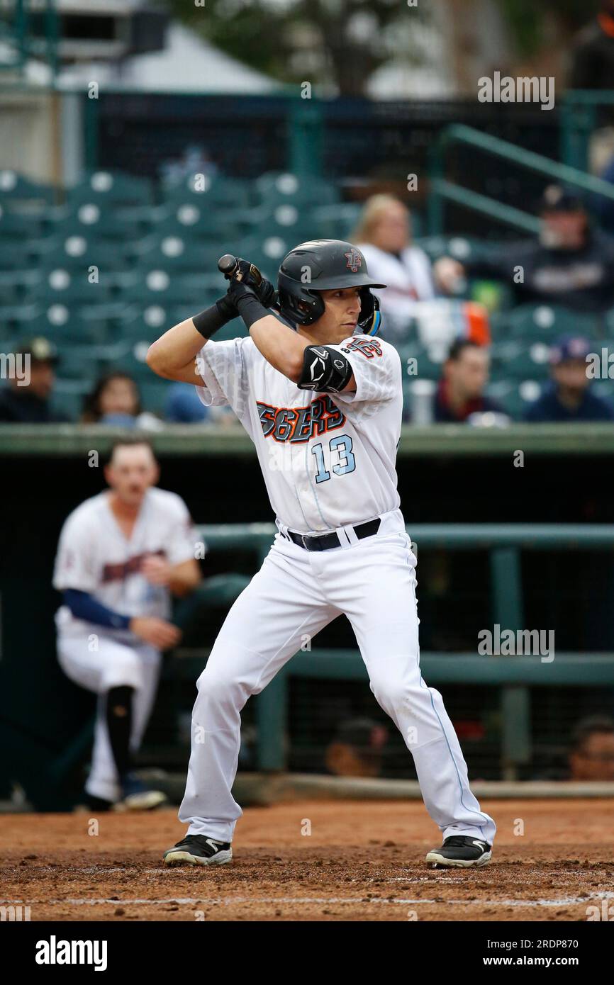 Mason Holt (13) of the Inland Empire 66ers bats against the Stockton
