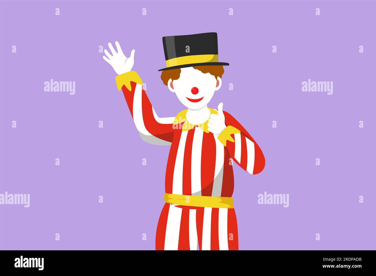 Graphic flat design drawing male clown hand say hi and the other hand with thumbs up gesture. Wearing hat and smiling face makeup. Entertain kids at b Stock Photo