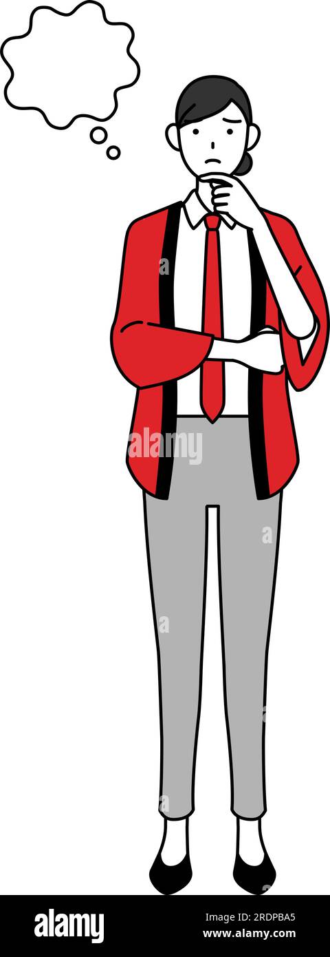 Woman wearing a red happi coat thinking while scratching her face ...