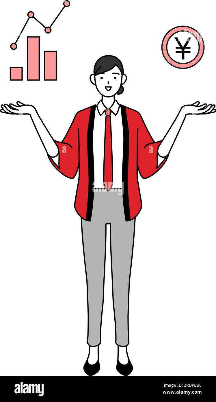 Woman wearing a red happi coat guiding an image of DX, performance and ...