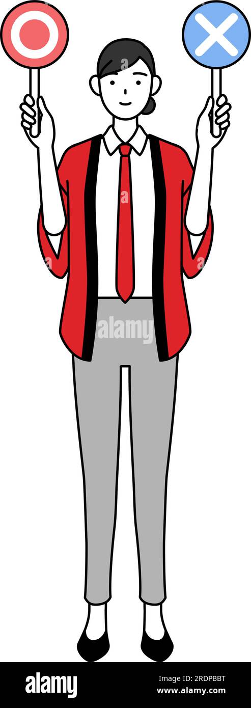 Woman wearing a red happi coat holding a placard indicating correct and ...
