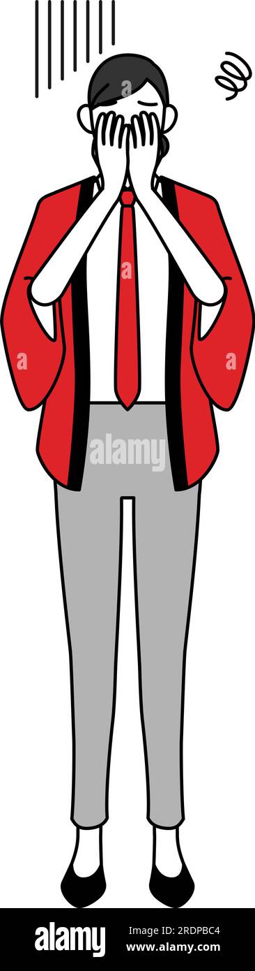 Woman wearing a red happi coat covering her face in depression, Vector ...