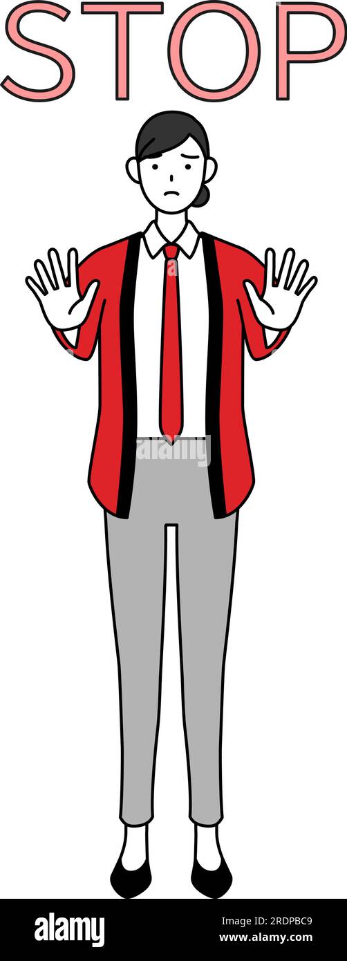 Woman wearing a red happi coat with her hands out in front of her body ...