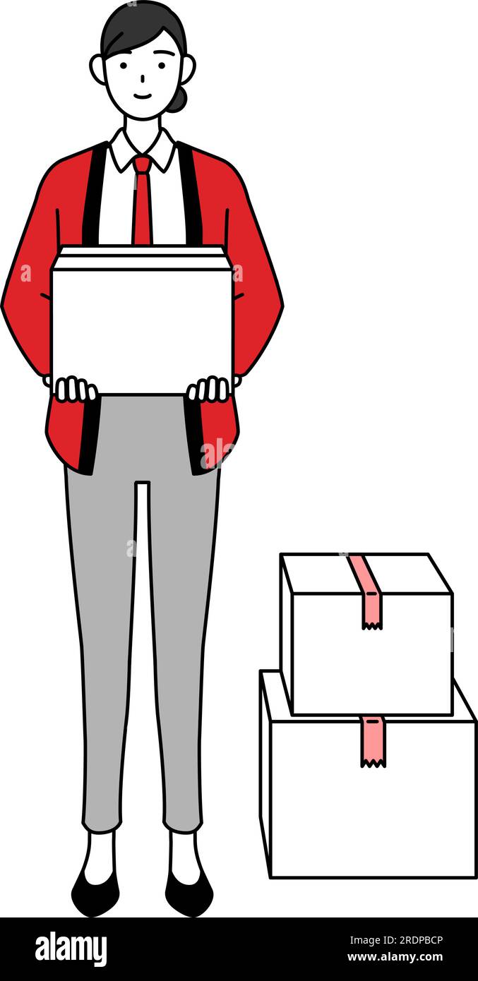 Woman wearing a red happi coat working to carry cardboard boxes, Vector ...