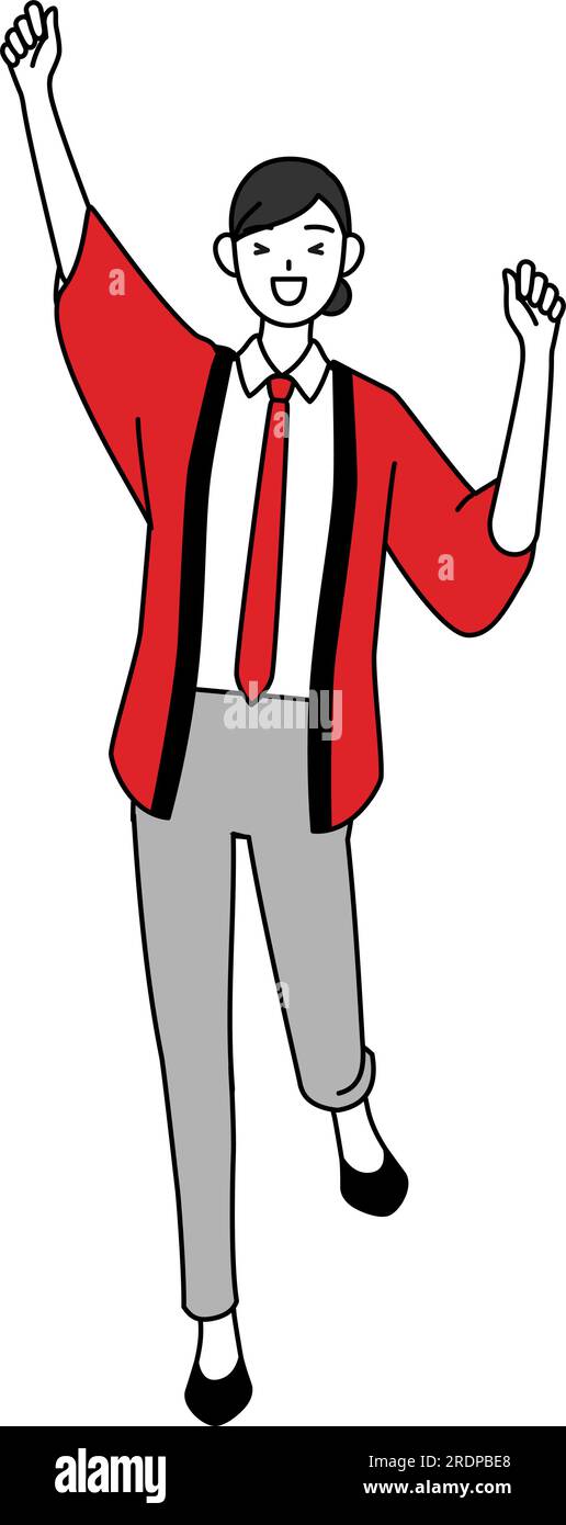 Woman wearing a red happi coat smiling and jumping, Vector Illustration ...