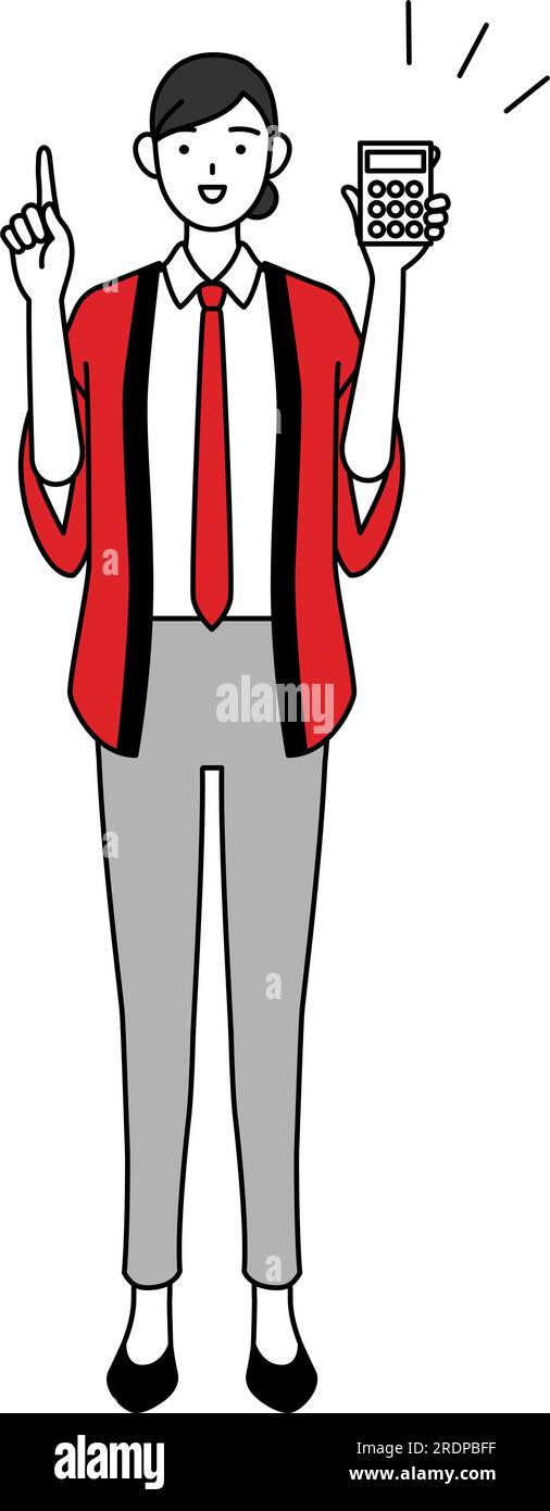 Woman wearing a red happi coat holding a calculator and pointing ...