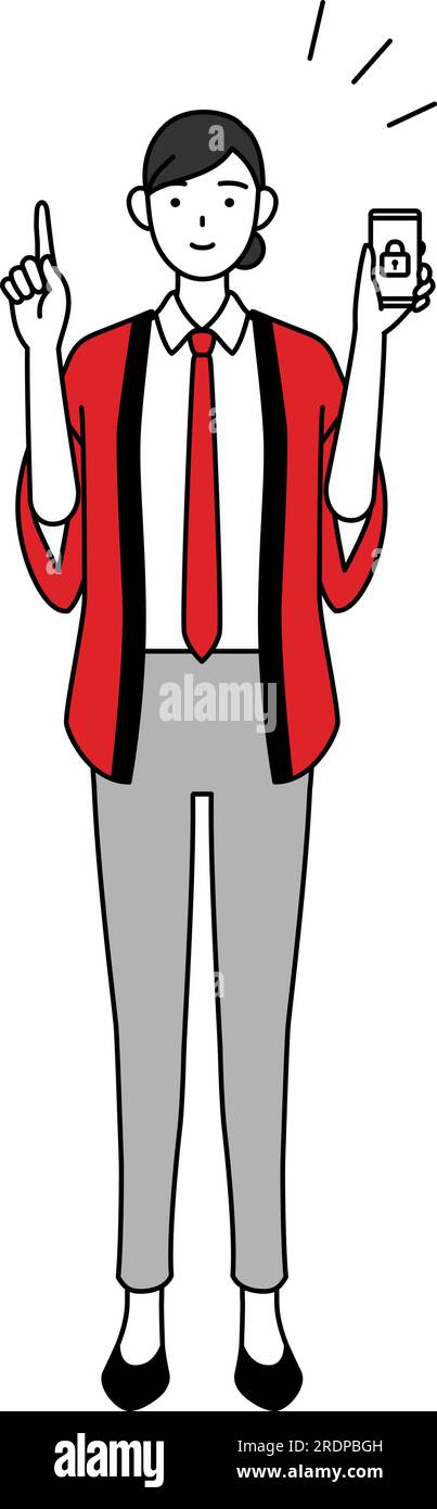 Woman wearing a red happi coat taking security measures for her phone ...