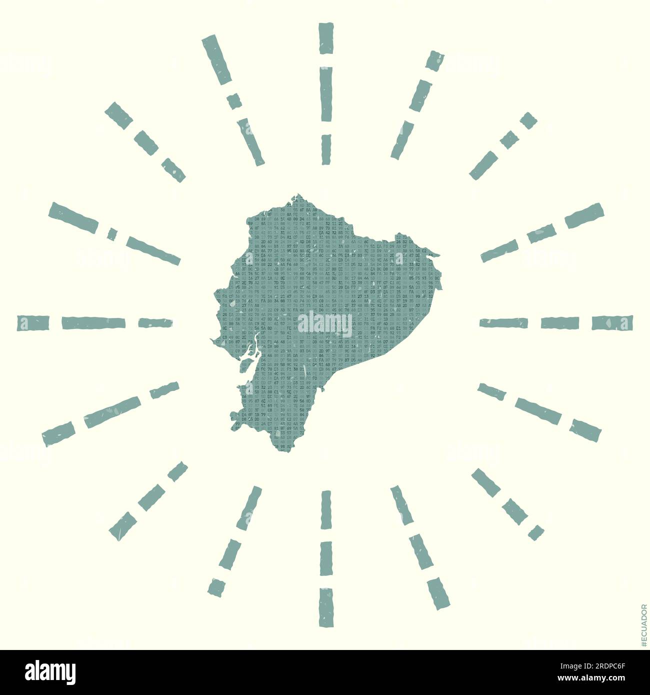 Ecuador Logo. Grunge sunburst poster with map of the country. Shape of Ecuador filled with hex digits with sunburst rays around. Beautiful vector illu Stock Vector