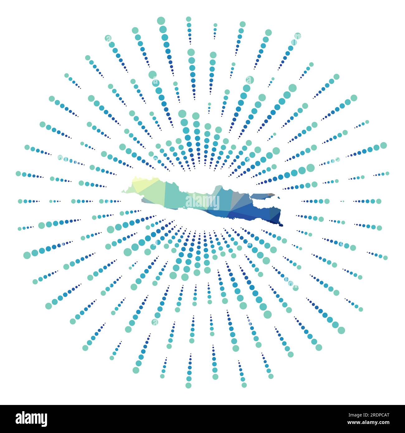 Shape of Java, polygonal sunburst. Map of the island with colorful star