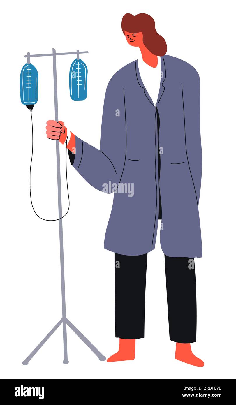 Disability and problems with health and accessibility. Weak or ill female character with dropper in hands, walking and moving. Treatment in hospital o Stock Vector