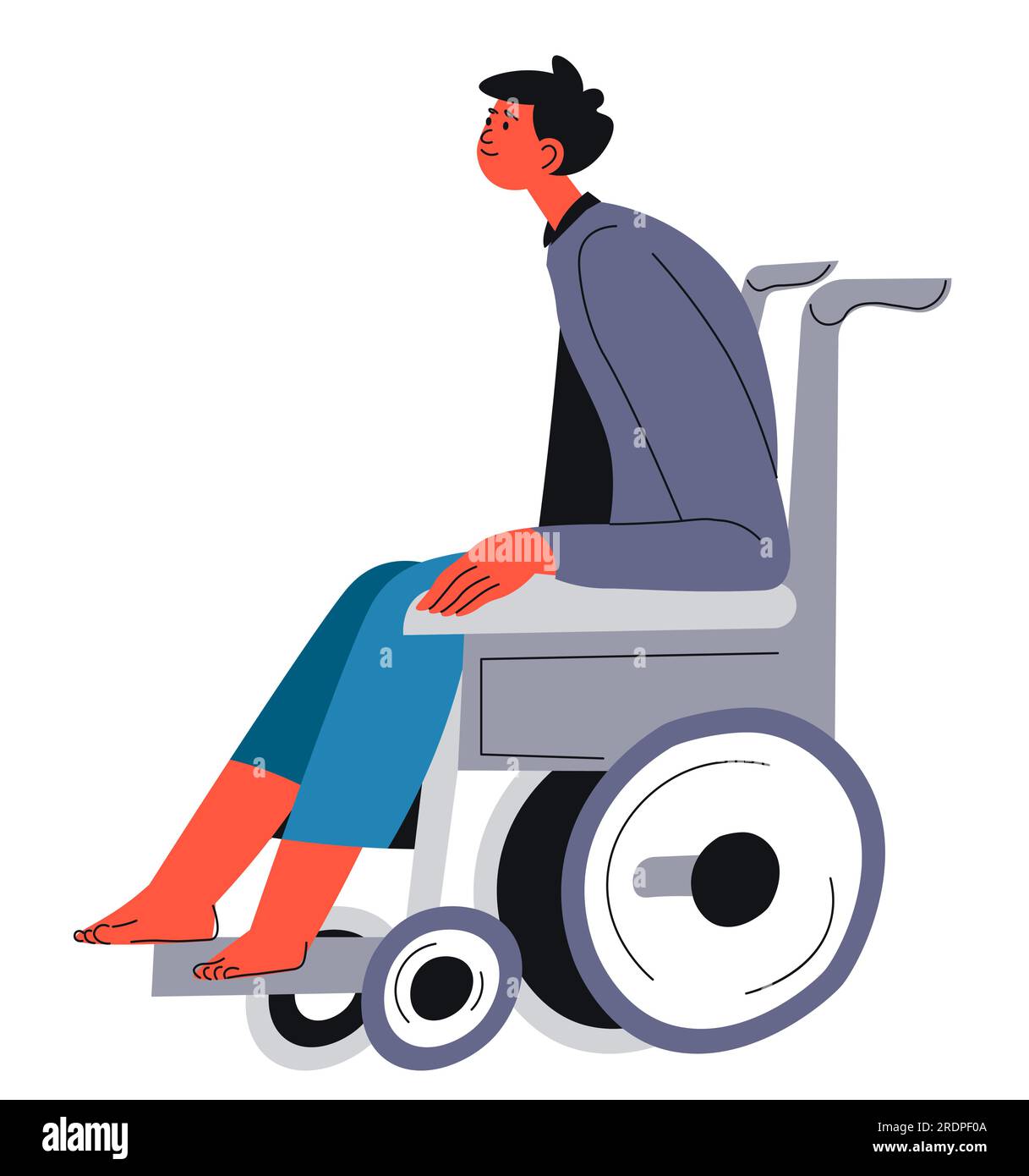 Young male character sitting in wheelchair disabled to walk. Disability