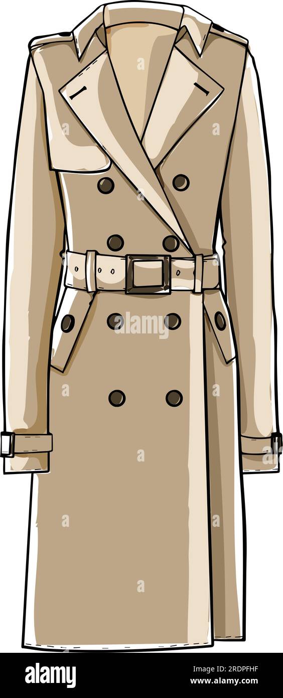 Basic classic clothes for autumn, isolated trench coat with belts and decorative buttons. Fashion and modern european stylish clothing. Elegant and fe Stock Vector