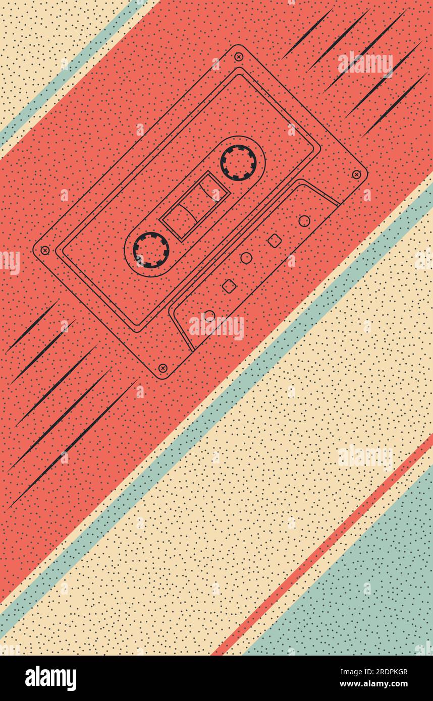 Compact tape cassette in outline style, retro music poster illustration. Stock Vector