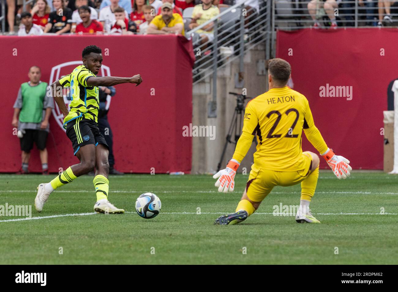 Eddie Nketiah (14) of Arsenal FC shoots ball on goal during friendly game against Manchester United at MetLife stadium in East Rutherford, NJ on July 22, 2023. Stock Photo