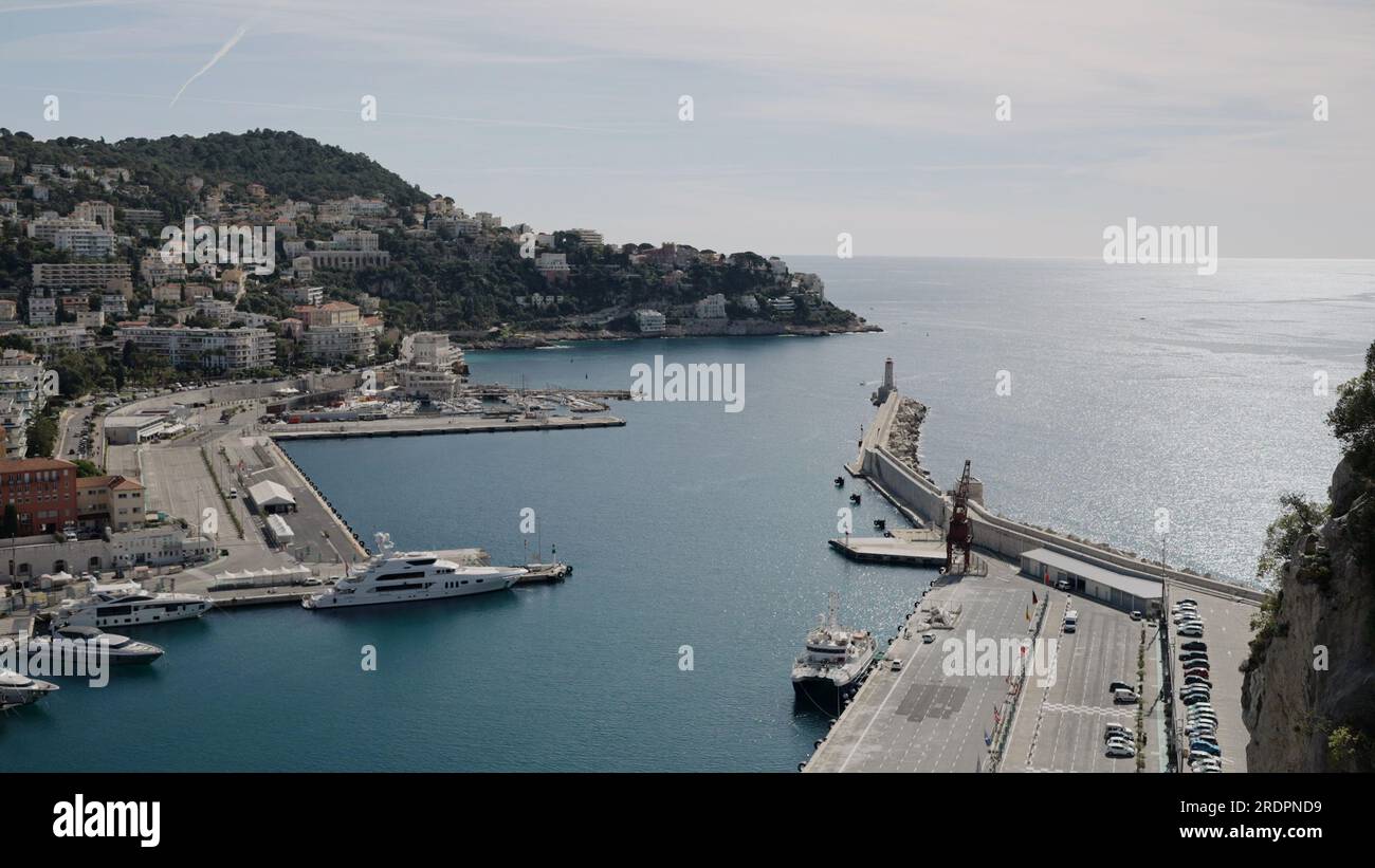 Nice, France - March 15, 2023: Establishing View of Nice port area from Castle hill, editorial travel Stock Photo