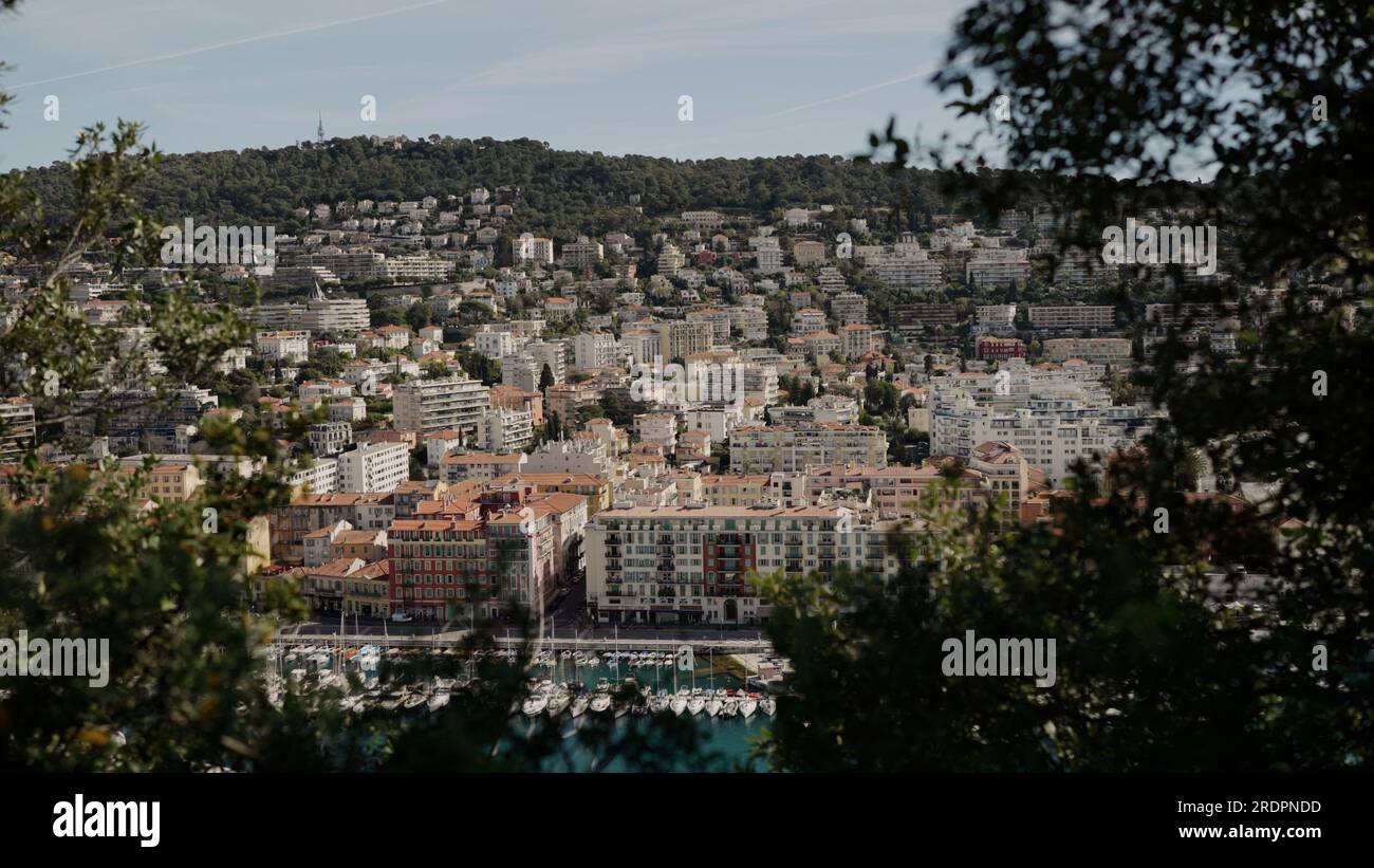 Nice, France - March 15, 2023: Establishing View of Nice port area from Castle hill, editorial travel Stock Photo