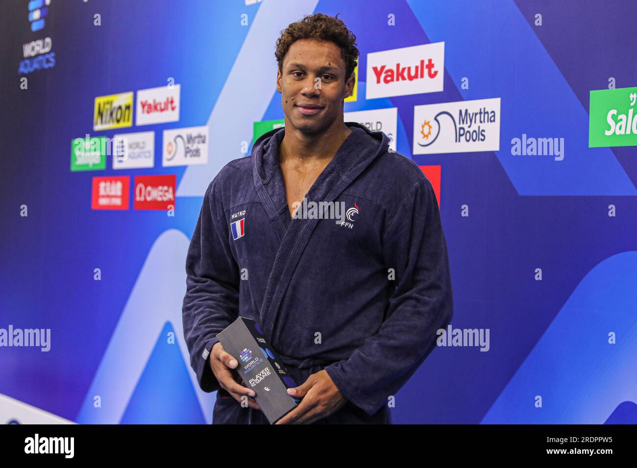 Fukuoka, Japan. 23rd July, 2023. FUKUOKA, JAPAN - JULY 23: Thomas Vernoux of France with his MVP trophy during the World Aquatics Championships 2023 Men's crossover match between Australia and France on July 23, 2023 in Fukuoka, Japan (Photo by Albert ten Hove/Orange Pictures) Credit: Orange Pics BV/Alamy Live News Stock Photo