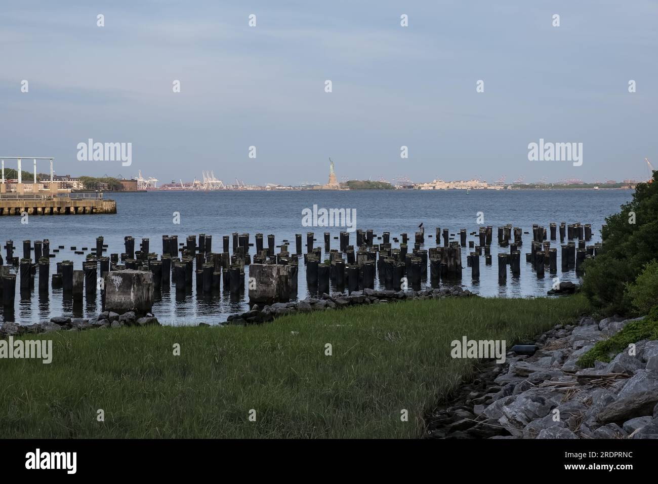 View of the Statue of Liberty from Brooklyn Bridge Park, a park on the