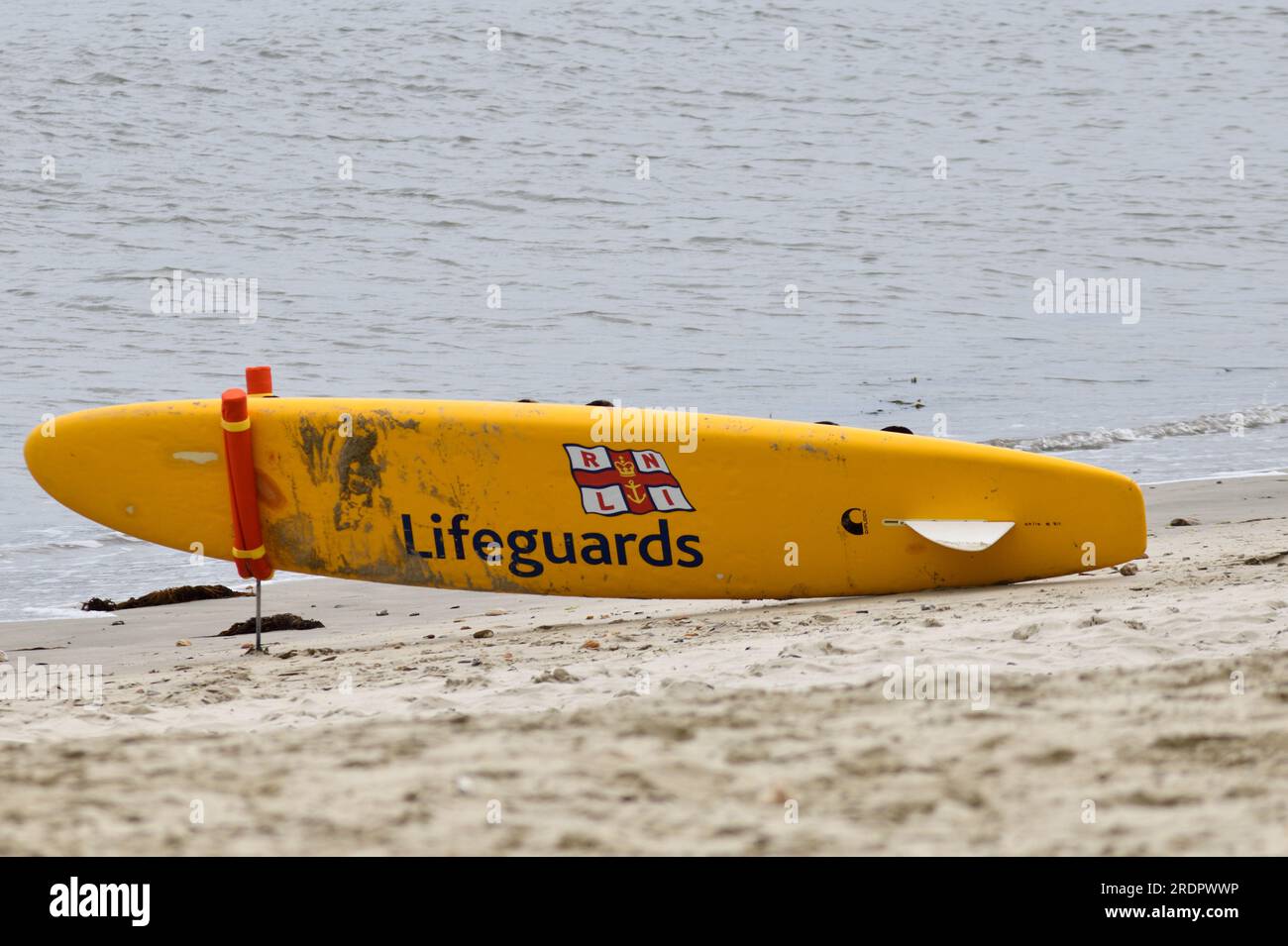 Backboard positioned on Sandy Beach for easy pick up when in a hurry Lyme Bay Lyme Regis Dorset England uk Stock Photo
