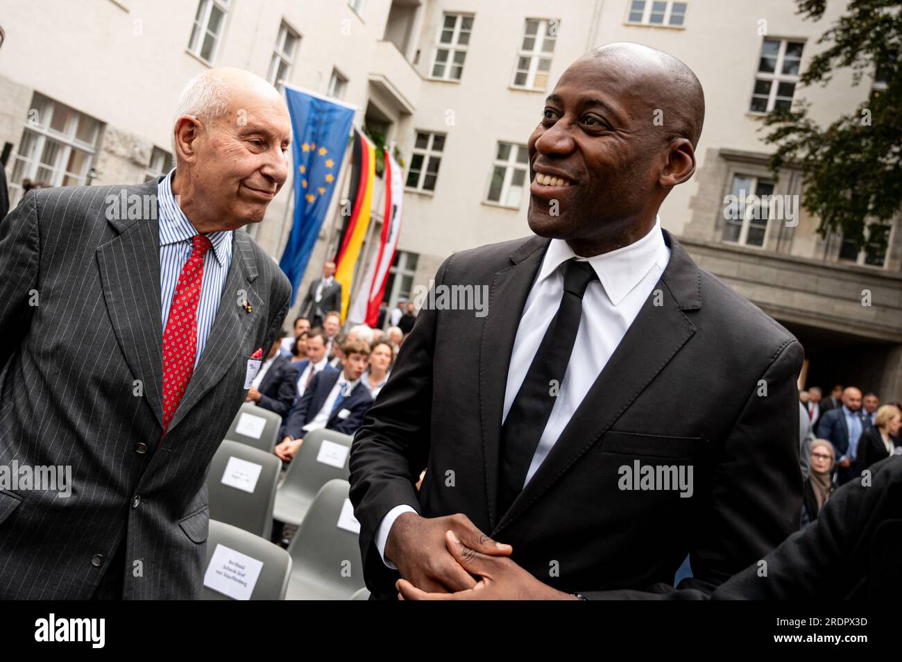Berlin, Germany. 20th July, 2023. Berthold Maria Schenk Graf von Stauffenberg (l) and Joe Chialo