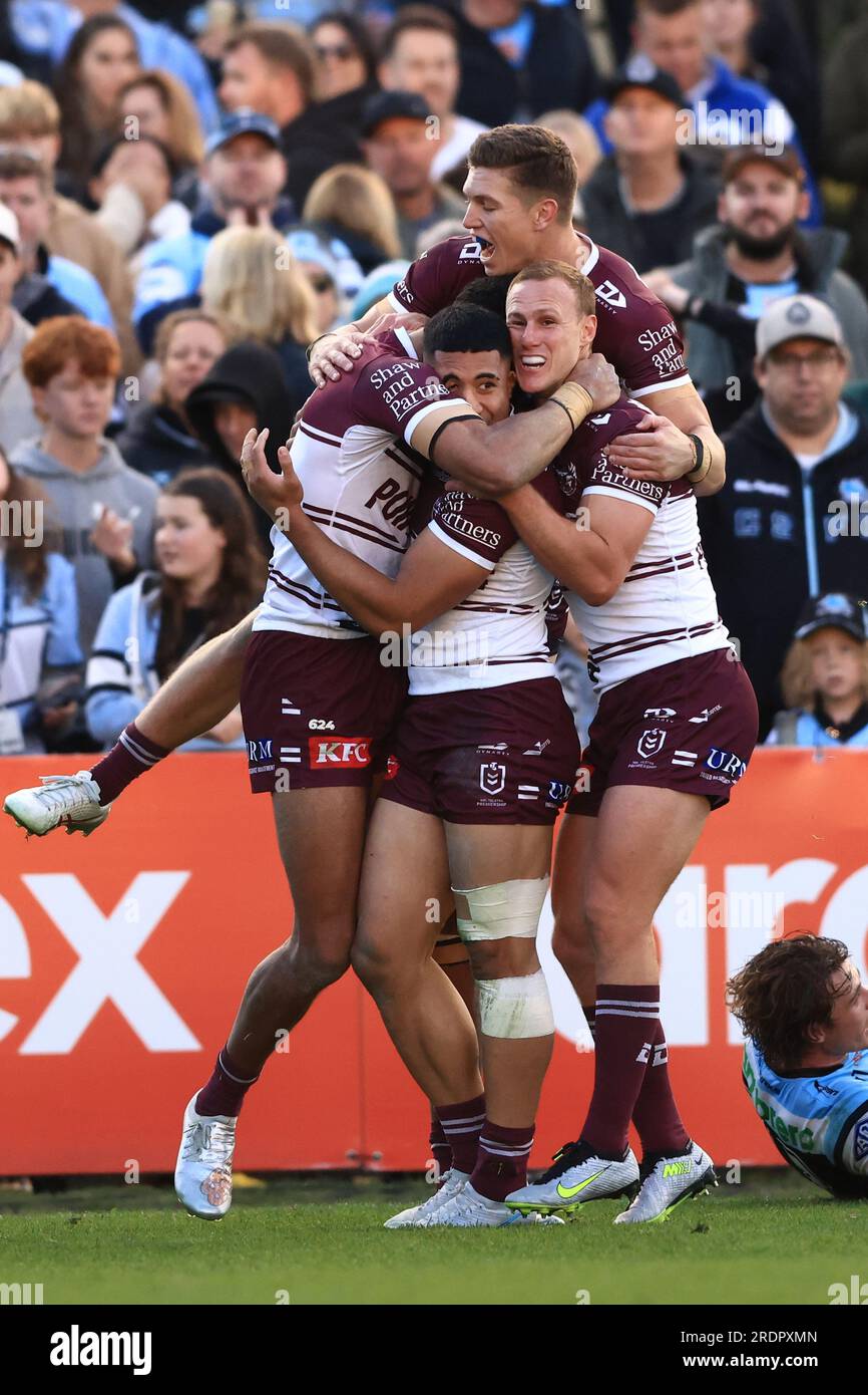 Sydney, Australia. 23rd July, 2023. Tolutau Koula of the Sea Eagles  celebrates a try with team mates during the NRL Round 21 match between the  Cronulla-Sutherland Sharks and the Manly Warringah Sea