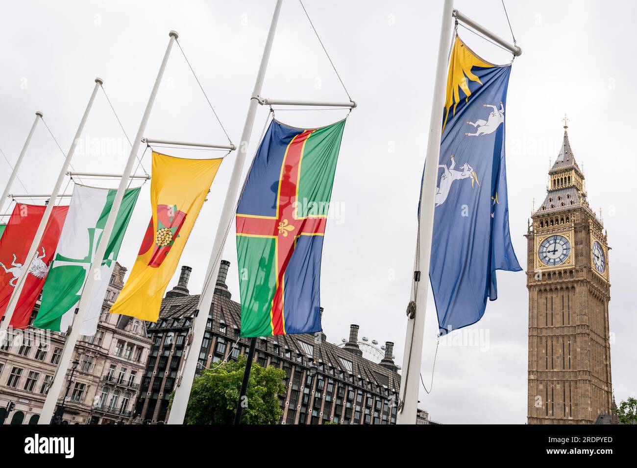 Flags are flown in Parliament Square, London, to mark Historic County Flags Day which aims to have as many county flags flying across Great Britain as possible on one day, 23rd July, to mark the nation's historic counties. Picture date: Sunday July 23, 2023. Stock Photo