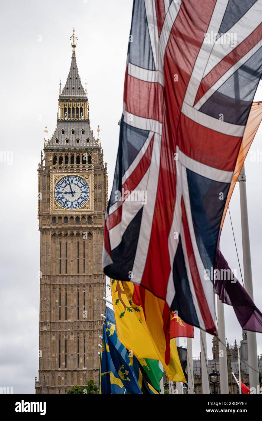 Flags are flown in Parliament Square, London, to mark Historic County Flags Day which aims to have as many county flags flying across Great Britain as possible on one day, 23rd July, to mark the nation's historic counties. Picture date: Sunday July 23, 2023. Stock Photo