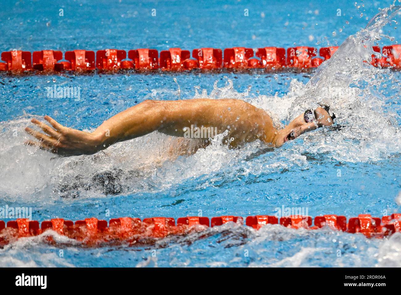 Fukuoka, Japan. 23rd July, 2023. Lorenzo Zazzeri of Italy competes in the Men's 4x100 Freestyle relay preliminary during the 20th World Aquatics Championships at the Marine Messe Hall A in Fukuoka (Japan), July 23rd, 2023. Italy placed 3rd. Credit: Insidefoto di andrea staccioli/Alamy Live News Stock Photo