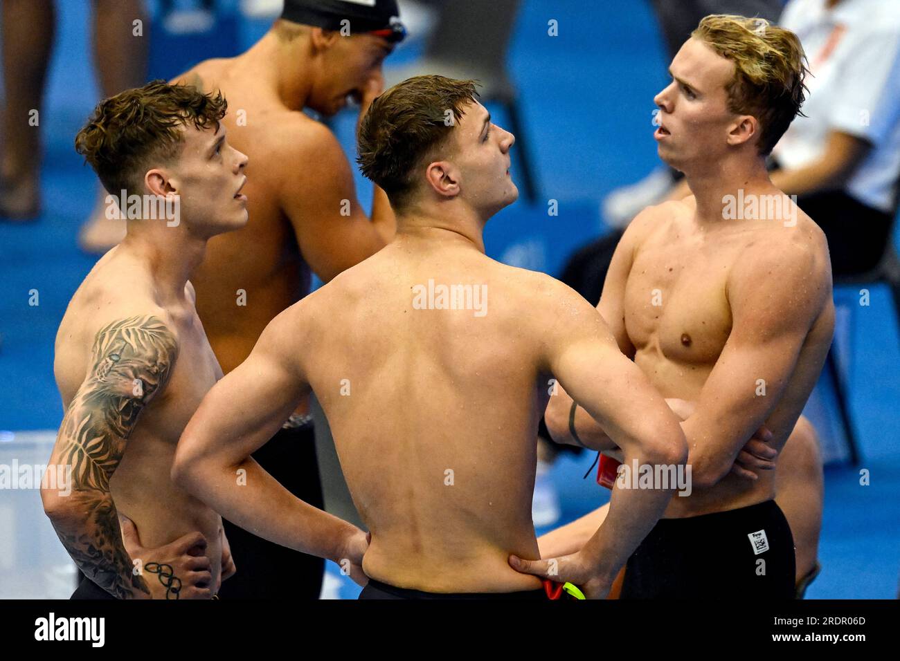 Fukuoka, Japan. 23rd July, 2023. Athletes of Great Britain react after been disqualified in the Men's 4x100 Freestyle relay preliminary during the 20th World Aquatics Championships at the Marine Messe Hall A in Fukuoka (Japan), July 23rd, 2023. Credit: Insidefoto di andrea staccioli/Alamy Live News Stock Photo