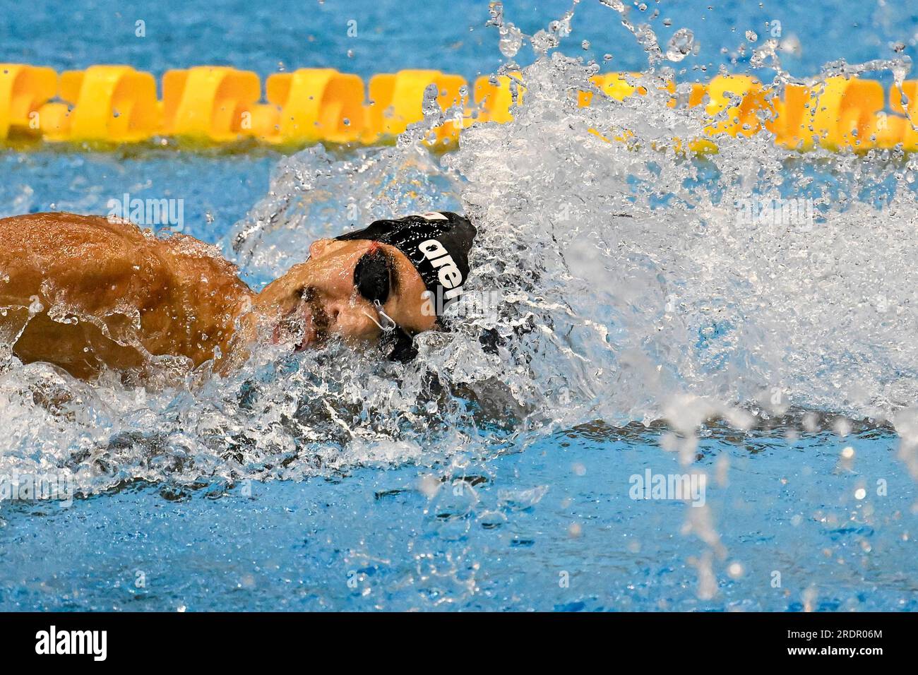 Fukuoka, Japan. 23rd July, 2023. Manuel Frigo of Italy competes in the Men's 4x100 Freestyle relay preliminary during the 20th World Aquatics Championships at the Marine Messe Hall A in Fukuoka (Japan), July 23rd, 2023. Italy placed 3rd. Credit: Insidefoto di andrea staccioli/Alamy Live News Stock Photo