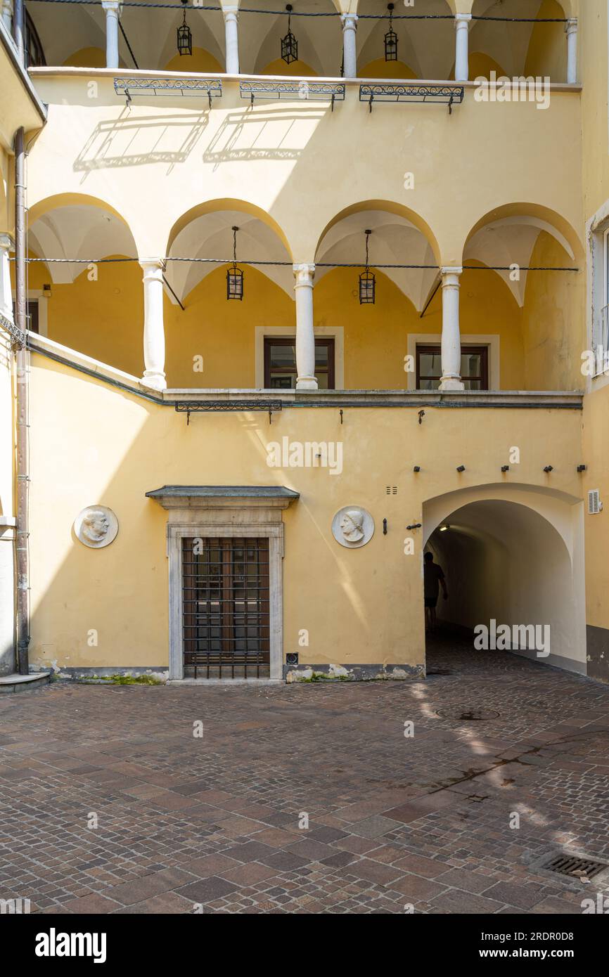 Villach, Austria. July 18 2023.  external view of an ancient building in a street in the city centre Stock Photo