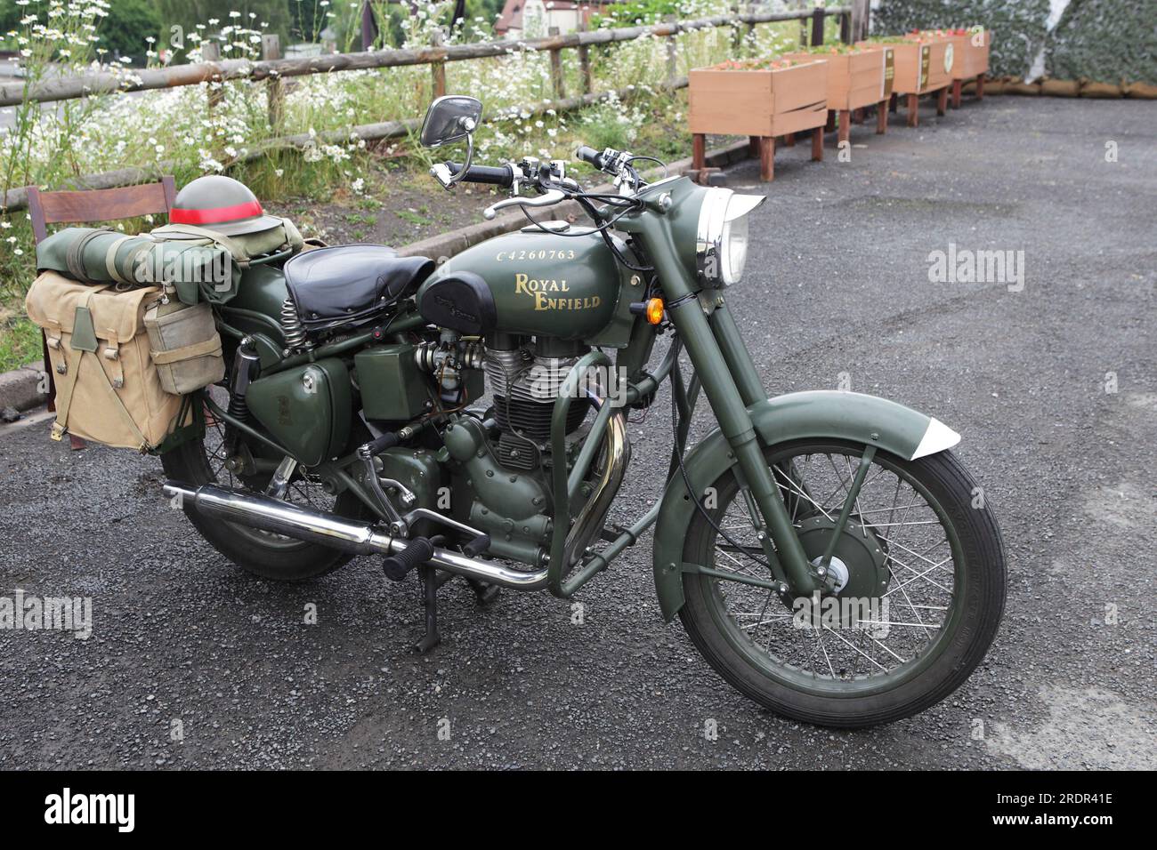 A fine example of a Royal Enfield Military Motorcycle, proudly displayed at the Severn Valley Railway 1940s Day. Stock Photo