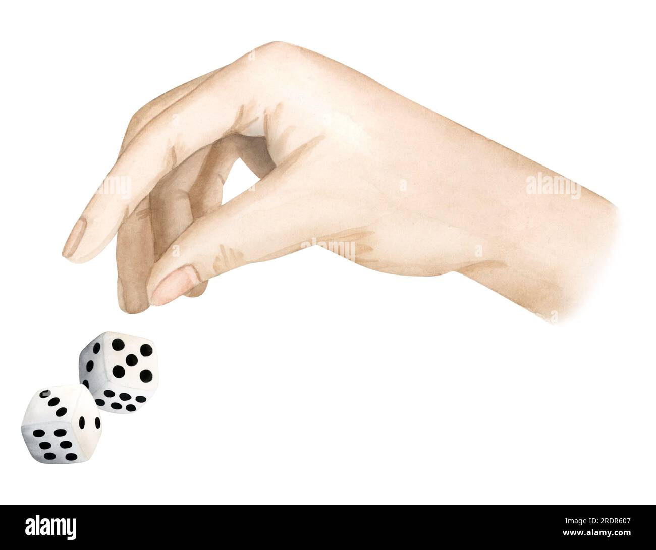 Watercolor hand throwing game dice cubes illustration isolated on white