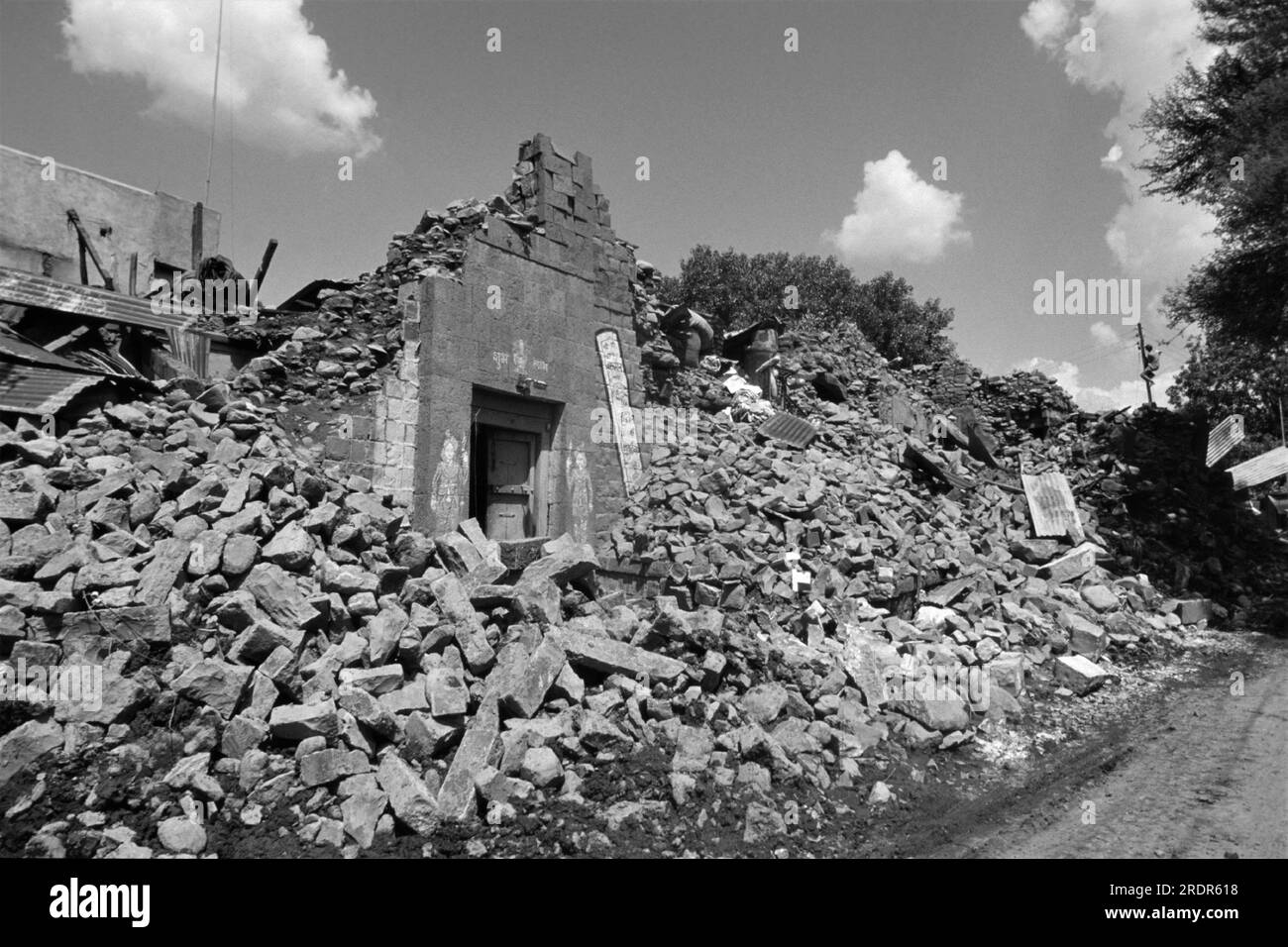 old vintage 1900s black and white picture of Indian earthquake house collapsed damaged Latur Maharashtra India Stock Photo