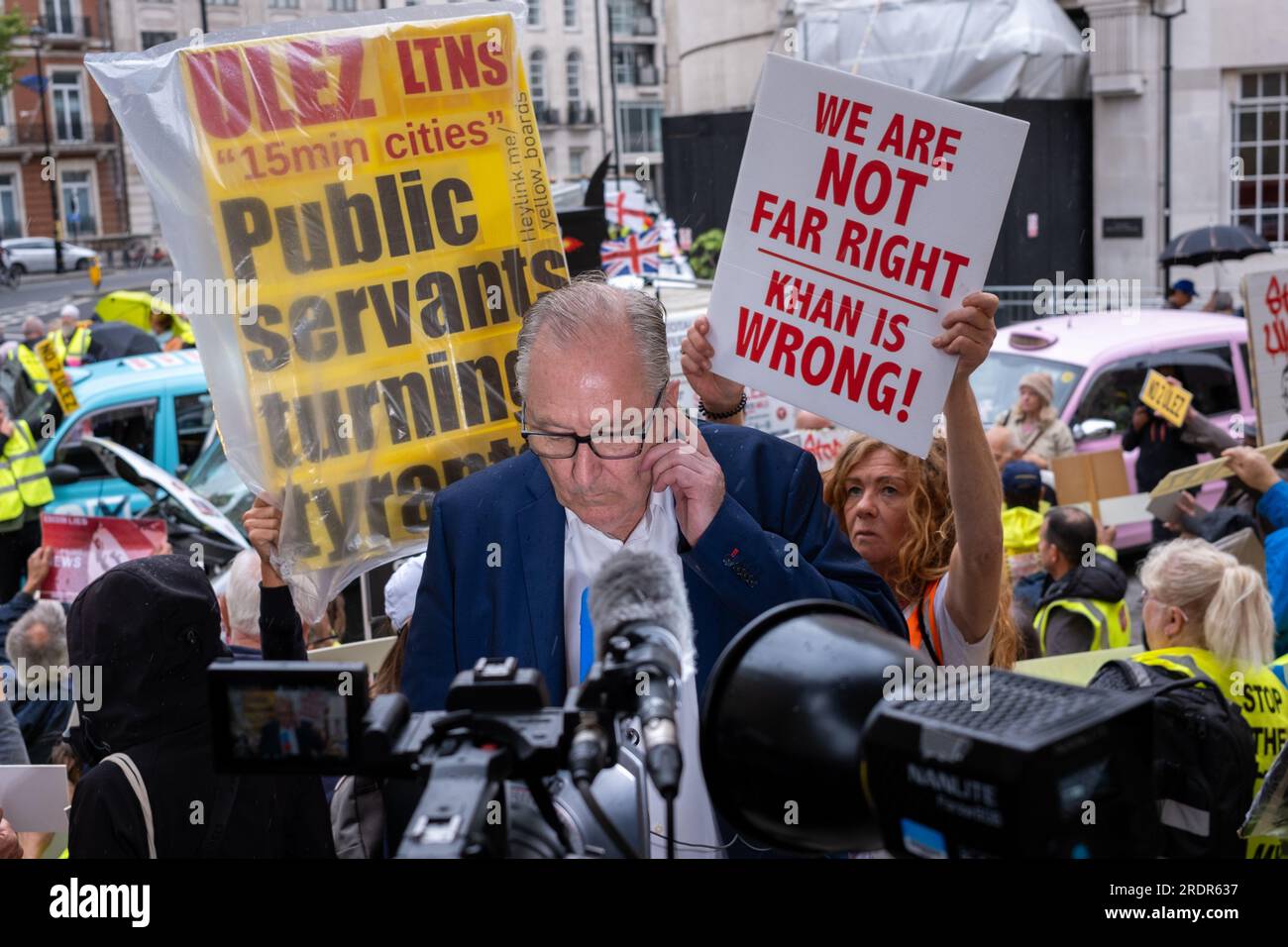 Hundreds demonstrate outside the BBC against the introduction of the controversial ULEZ ( Ultra Low Emission Zone). Stock Photo