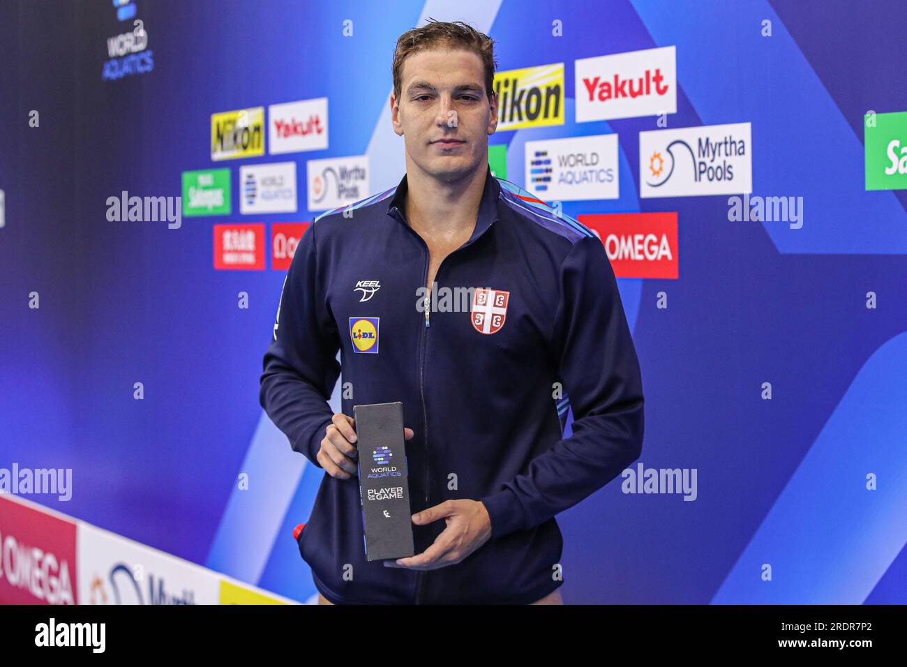 FUKUOKA, JAPAN - JULY 23: Nikola Jaksic of Serbia with the MVP trophy during the World Aquatics Championships 2023 Men's crossover match between Japan and Serbia on July 23, 2023 in Fukuoka, Japan (Photo by Albert ten Hove/Orange Pictures) Stock Photo