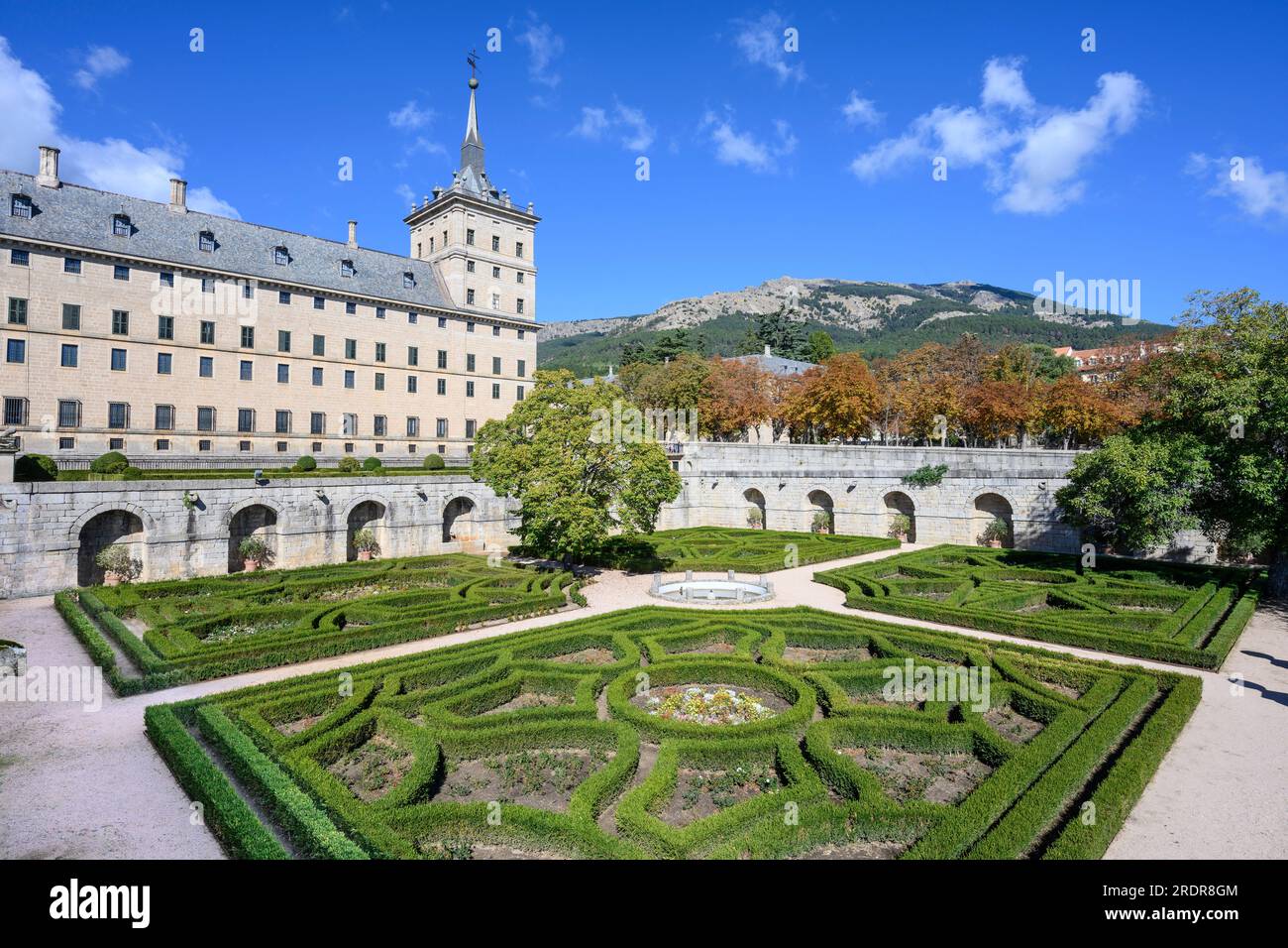 Formal gardens in the Monastery of San Lorenzo de El Escorial, Comunidad de Madrid, Spain. Stock Photo