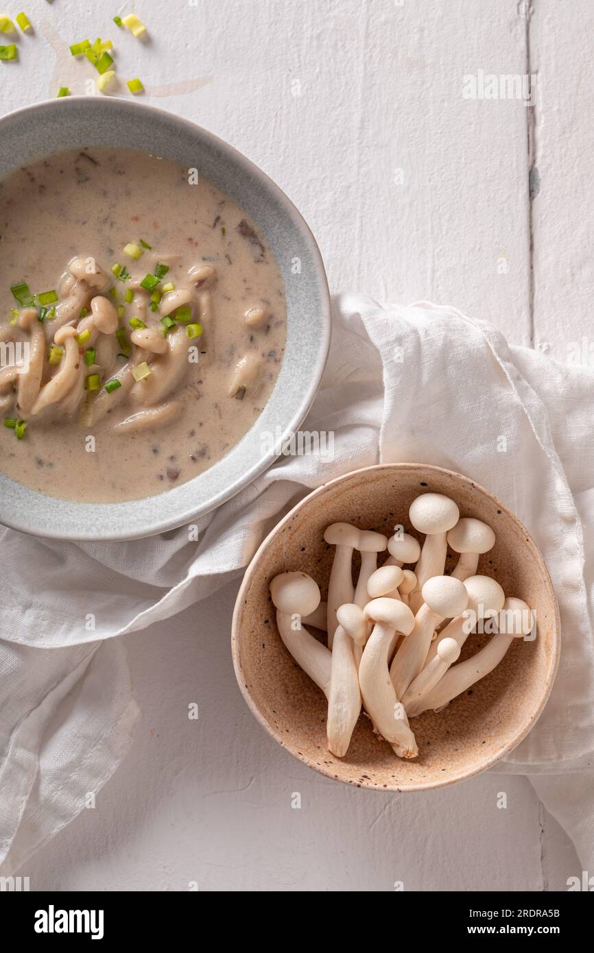 Vegan mushroom shimeji soup as Asian cuisine. Japanese mushroom soup