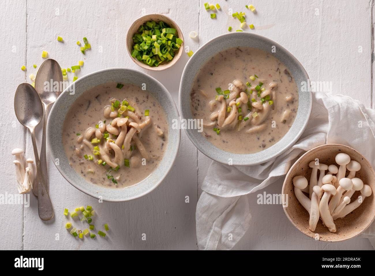 Creamy mushroom shimeji soup with chives and cream. Japanese mushroom