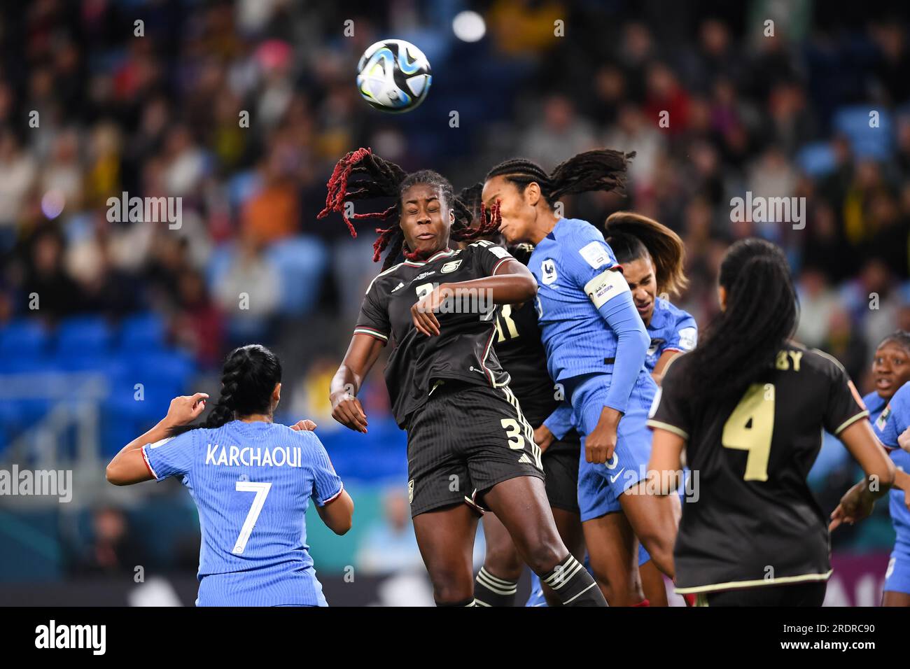 Sydney, Australia, 23 July, 2023. Vyan Sampson of Jamaica and Wendie Renard of France collide during the Women's World Cup football match between France and Jamaica at Allianz Stadium on July 23, 2023 in Sydney, Australia. Credit: Steven Markham/Speed Media/Alamy Live News Stock Photo
