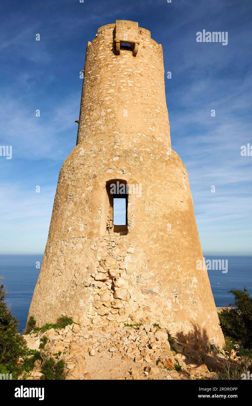 Torre del Gerro 16th century ancient watchtower near Denia in Montgó natural park (Marina Alta, Alicante, Valencian Community,Mediterranean sea,Spain) Stock Photo
